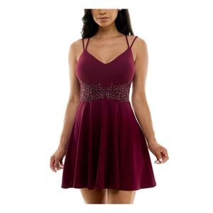 B DARLIN Womens Short Dress Burgundy Sleeveless Applique Waist Juniors 15\16